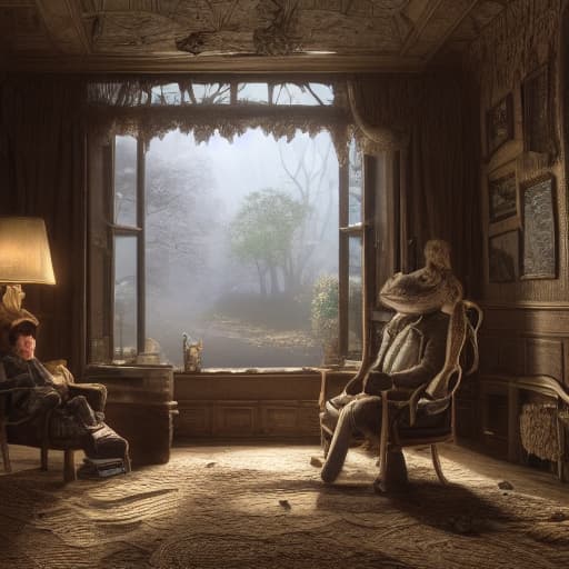 A toad visit a psychotherapist in a room, The Wind in the Willows, from the movie, high quality, perfect composition, beautiful detailed intricate insanely detailed octane render trending on artstation, 8 k artistic photography, photorealistic concept art, soft natural volumetric cinematic perfect light, award - winning photograph, masterpiece, oil on canvas